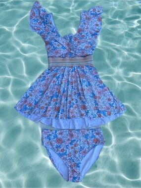 Blue Floral Ruffle Tankini Swim Set